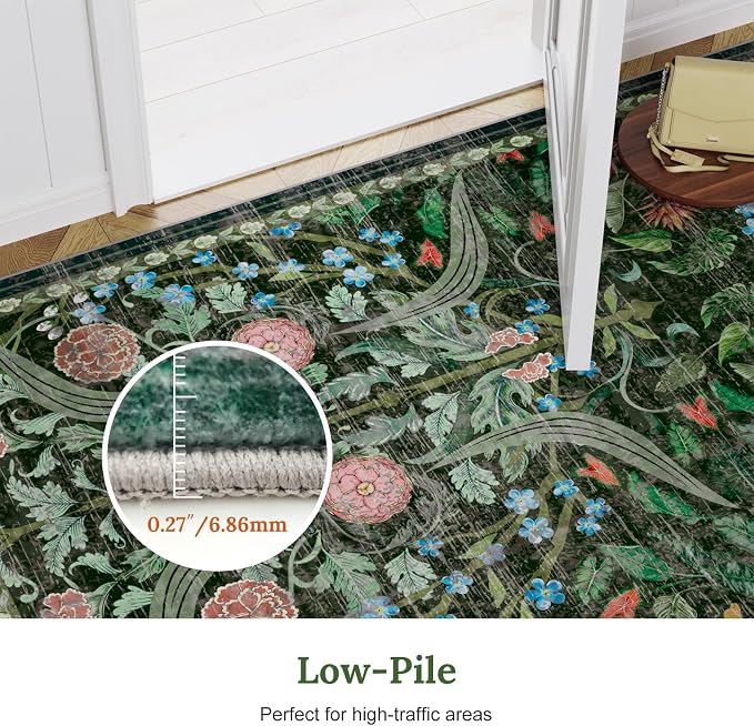 AMTOVO 9x12 Washable Area Rugs for Living Room, Non-Slip&Non-Shedding Floral Large Soft Boho Vintage Print Carpet for Bedroom Girls Room Dorm Dining Room Farmhouse Nursery Home Office, Dark Green