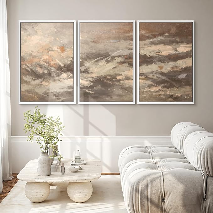 SIGNWIN Framed Canvas Print Wall Art Set Warm Earth Tone Brushstroke Abstract Illustrations Modern Art Decorative Boho Relax/Zen Nordic for Living Room, Bedroom, Office - 16"x24"x3 White