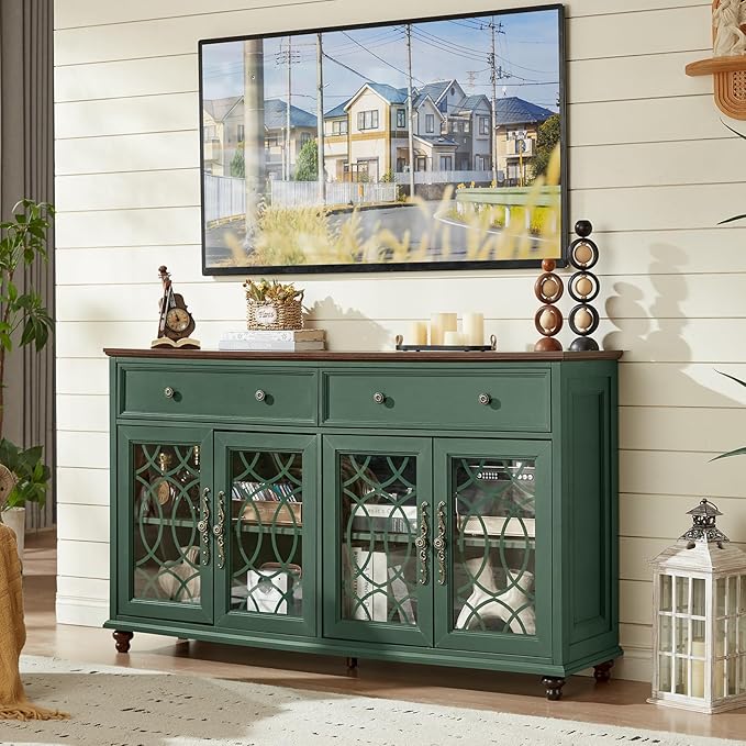 Farmhouse Sideboard Buffet Cabinet with Storage,Adjustable Shelves Console Table,59" Large Credenza with 4 Glass Doors & 2 Drawers,Wood Kitchen Coffee Bar for Dining Room,Living Room,Green