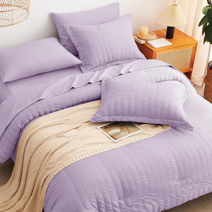CozyLux Full Size Comforter Sets Light Purple, 7 Pieces Seersucker Textured Luxury Bed in a Bag Lavender, All Season Bedding Set with Down Alternative Comforter, Sheets, Pillowcases & Shams, Home Gift