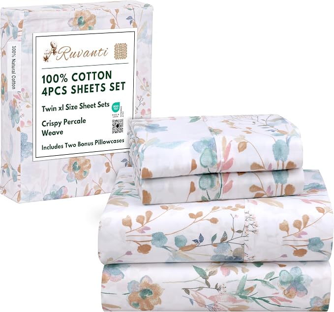 RUVANTI 100% Cotton Percale Sheets Twin XL Size 4 Piece Set, Cooling Bed Sheets for Hot Sleepers, Deep Pocket 16”, Breathable Lightweight & Durable, Crisp Hotel Style Sheets, Radiant