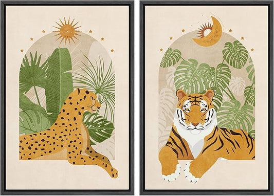 IDEA4WALL Framed Canvas Print Wall Art Set Indian Bengal Tiger Tropical Monstera Jungle Nature Wilderness Digital Art Modern Art Decorative Animal for Living Room, Bedroom, Office - 24"x36"x2 Black