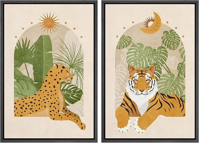IDEA4WALL Framed Canvas Print Wall Art Set Indian Bengal Tiger Tropical Monstera Jungle Nature Wilderness Digital Art Modern Art Decorative Animal for Living Room, Bedroom, Office - 16"x24"x2 Black
