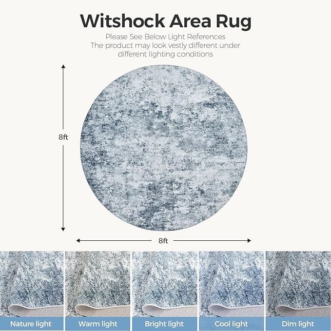 WITSHOCK 8ft Round Area Rug for Living Room: 8x8 Washable Neutral Modern Abstract Soft Thin Rug Indoor Floor No Slip Rug Carpet for Bedroom Under Dining Table Home Office Decor (Blue)