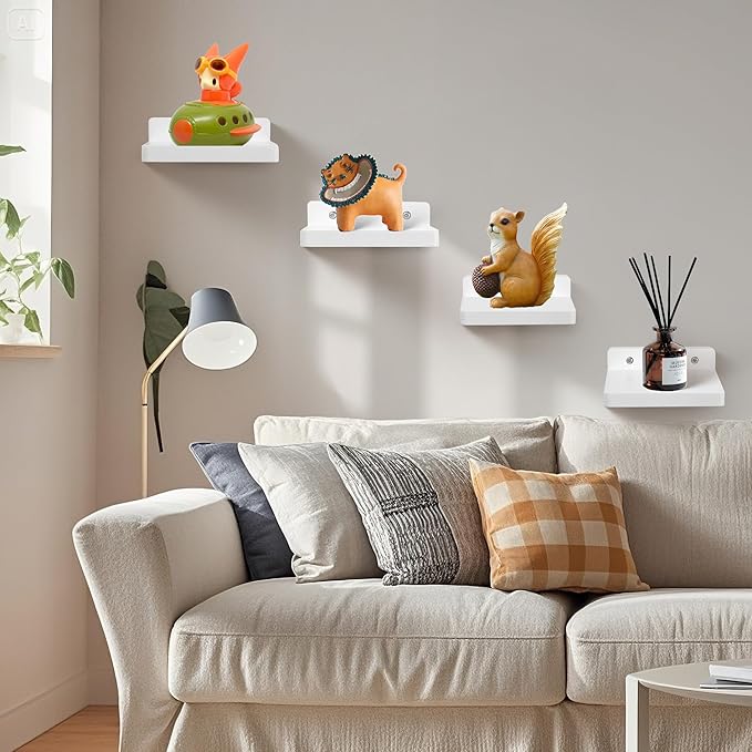 Small Floating Shelf for Wall,5 Inch Wooden Wall Shelf Set of 6,Mini Speaker, Baby Monitor,Cameras，Figurines Display Stand, for Bedroom, Gaming Room, Living Room, Bathroom, Office(White)