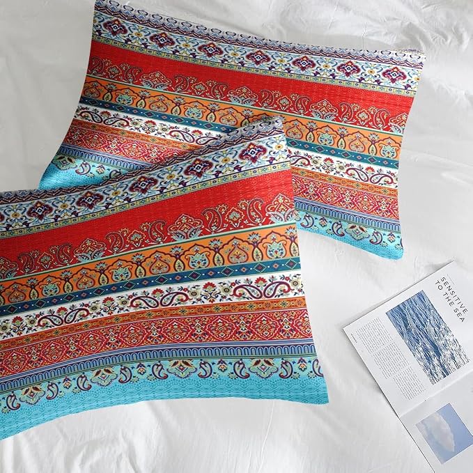 Nesker Comforter Set King Size, Ethnic Geometric Flower 7 Pcs Bedding for Kids and Adults, Vintage Paisley Leaf Floral Bed Sheet Sets with Fitted Sheet 2 Pillowcases & 2 Shams