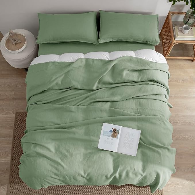 EVERLY Linen Sheets Set Twin Size,100% French Pure Linen Sheets Set,3Pieces (1Flat Sheet,1Fitted Sheet,1Pillowcase) Suitable for Hot Sleepers, Stonewash Deep Pocket Natural Bedding Set-Saga Green