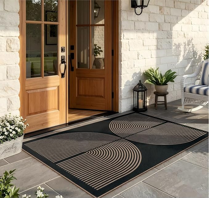 Lahome Modern Rainbow Easy Jute 4x6 Rug, Outdoor Patio Rug for Living Room Washable Black Carpet for Bedroom, Contemporary Non Slip Non Shedding Floor Carpet for Office Backyard