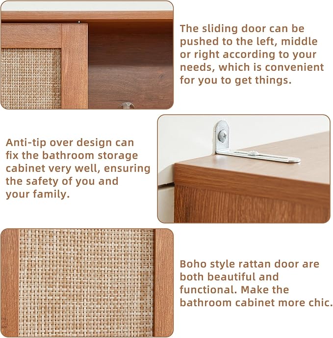 LEYAOYAO Over The Toilet Storage Cabinet with Rattan Sliding Door, 68" Tall Wood Above Toilet Bathroom Organizer w/Adjustable Shelf & Curved Profile, Space Saver Freestanding Washer Shelf