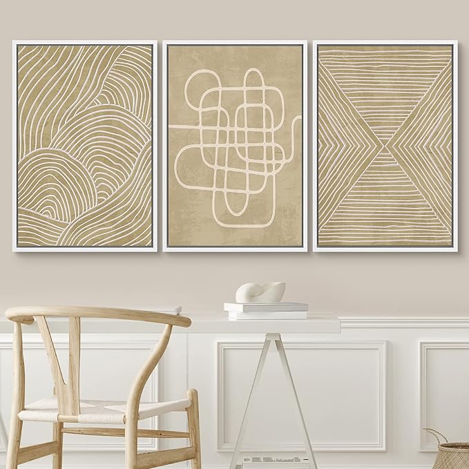 SIGNWIN Framed Canvas Print Wall Art Set Geometric Tan Line Art Collage Graffiti & Street Art Abstract Illustrations Modern Art Decorative Nordic for Living Room, Bedroom, Office - 16"x24"x3 White