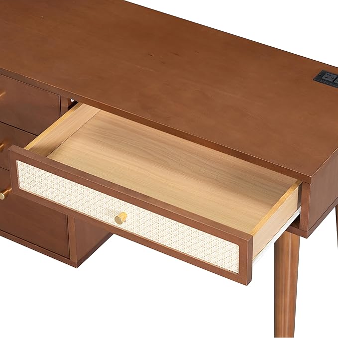Walnut Vanity Desk No Mirror 39" Vintage Vanity Table with 4 Drawers & Power Outlet Mid-Century Modern Vanity Set for Girls with Stool & Rattan Decor