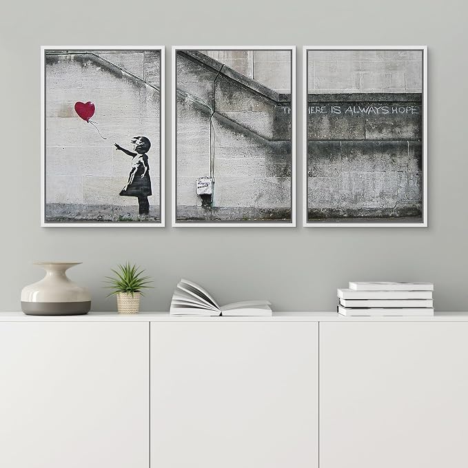 wall26 - 3 Piece Framed Canvas Wall Art - There is Always Hope - Girl and Red Heart Balloon - Street Art - Guerilla - Modern Home Art Stretched and Framed Ready to Hang - 24"x36"x3 White