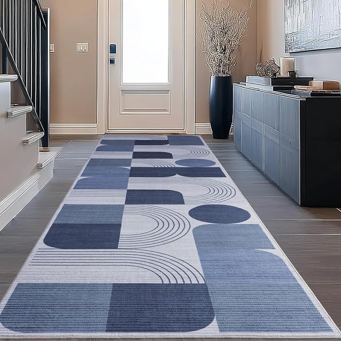 Machine Washable 2x6 Runner Rug, Soft Modern Geometric Abstract Blue Rugs for Bedroom Living Room, Non-Shedding Faux Wool Indoor Throw Floor Carpet for Office Entryway Dining Room Decor