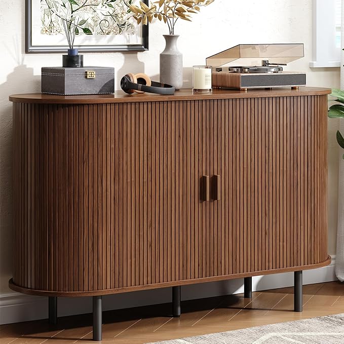 Buffet Cabinet with Storage, Fluted Sideboard Buffet with Sliding Door, Coffee Bar Cabinet with Adjustable Shelf, Console Table, Accent Table for Entryway, Kitchen (Walnut, 48 Inch)