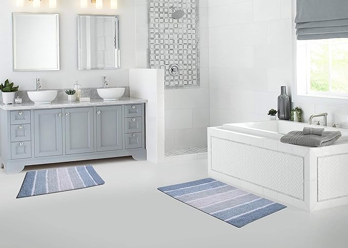 Bathroom Rugs Set 2 Piece Blue/White Luxury Stripe Non-Slip Cotton Bath Mats for Bathroom Floor |Quick Dry Shaggy Carpet for Tub Spa Shower|Living Room Entry Way Door Mats |21x32 & 17x24 Inches