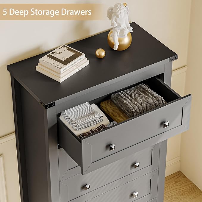 Black Dresser Tall 5 Drawer Dresser for Bedroom, Wooden Dressers & Chests of Drawers with Metal Handles, Modern Storage Cabinet and Organizer Drawers for Living Room, Hallway