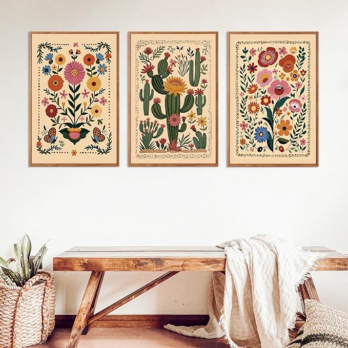 HLNIUC Vintage Flower Framed Canvas Wall Art,Colorful Desert Cactus Flowers Wall Decor Set of 3(24”x36”) Botanical Floral Butterfly Wall Painting,Large Desert Plant Art Print for Living Room,Office