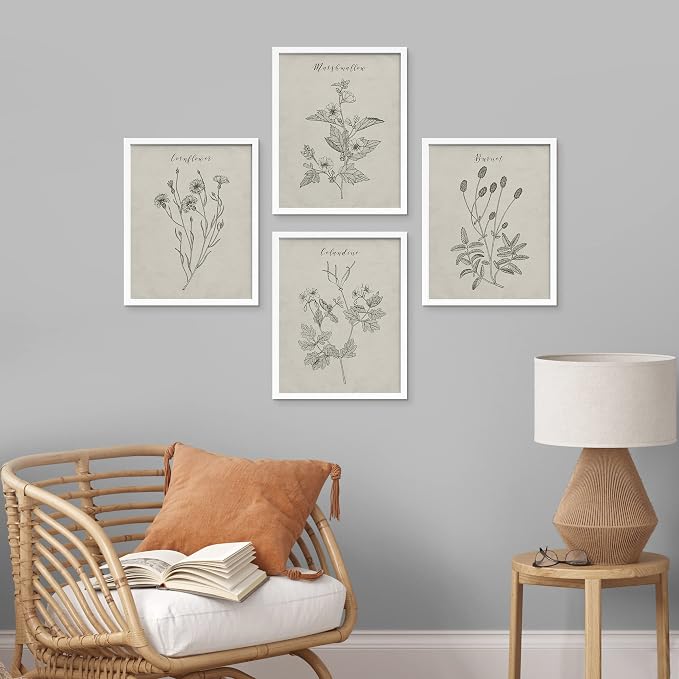 SIGNWIN Framed Vintage Wildflower Wall Art, Set of 4 Plant Collage Drawing Wall Decor Prints, Nature Wilderness Wall Décor for Living Room, Bedroom - 8"x10" White