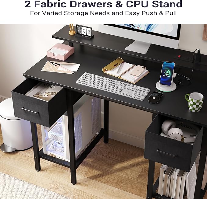 Furnify Black Computer Desk with Drawers, 42 Inch Home Office Desk Study Writing Table, Gaming Desk with USB Power Outlets, Office Desk with Fabric Drawer, Work Table with Shelf for Bedroom, Black