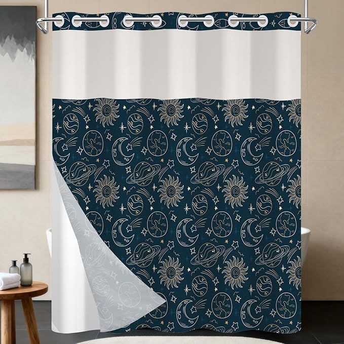 Navy Blue No Hook Shower Curtain with Snap in Liner Set - Galaxy Universe with Sun, Moon and Stars, Waterproof Fabric Double Layers for Kids Bathroom, See Through Top Window, 71x74 Inch
