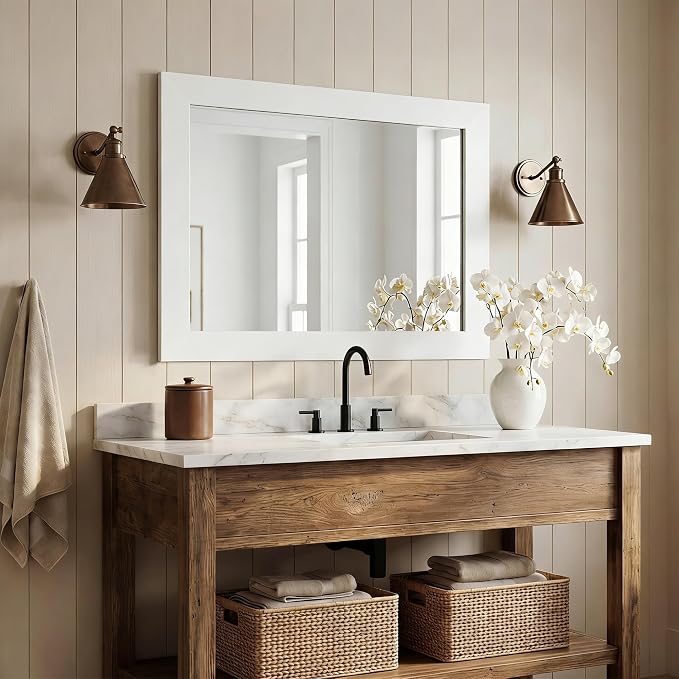40''x30'' Rustic Wall Mirror for Bathroom White Wood Frame, Classic Rectangle Mirror Farmhouse Vanity Wall Mirror Decor Living Room, Bedroom, Entryway