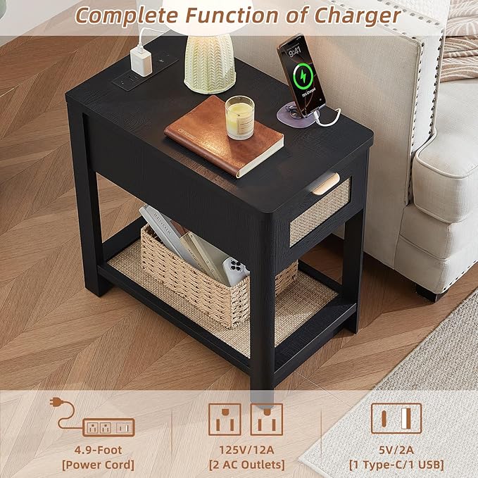 Lerliuo Narrow Night Stand Set of 2 with Charging Station, Boho Nightstand with Drawer, Bed Side End Table with Rattan Shelf for Small Spaces, Wood Nightstands Bedside Tables for Living Room Bedroom