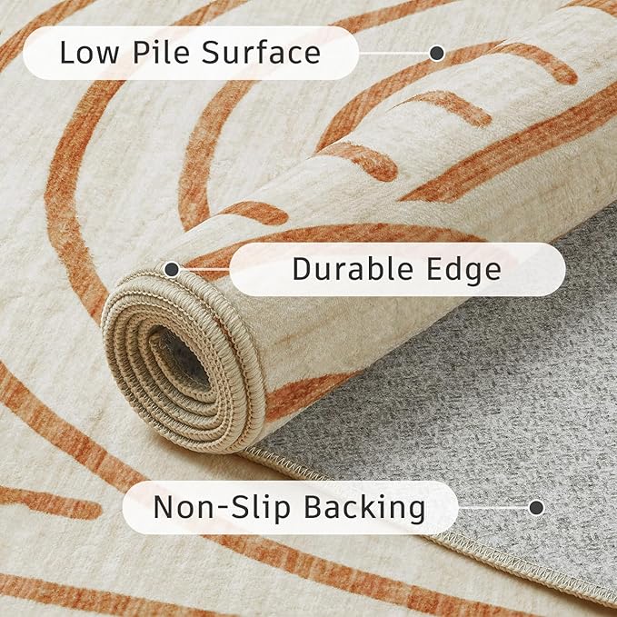 DCX Beige Machine Washable Area Rug 9x12, Midcentury Modern Non Slip Stain Resistant Rug 9x12 for Living Room, Playroom, Dining Room, Soft Low Pile Large Carpet