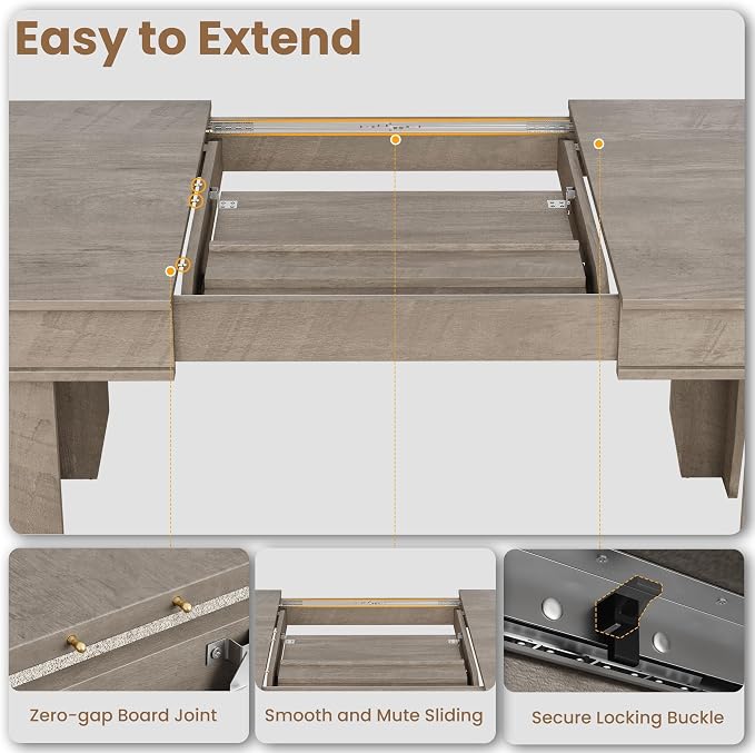 GarveeHome 63 in-86.6 in Extendable Dining Room Table for 6-10, Farmhouse Kitchen Tables w/Wooden Sturdy Frame, Large Rectangular Dinner Table for Dining Room, Kitchen