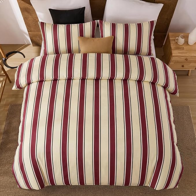 Merryword Red and Cream Striped Duvet Cover Set Queen Size, 100% Cotton Bedding Set with Zipper Closure & 8 Corner Ties, Awning Stripe Bedding, Soft Breathable Comforter Cover for All Seasons
