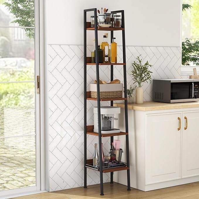 Ladder Shelf, 5 Tier Ladder Shelf, 13.5” Wide Tower Storage Shelf for Books, Anti Tip Feature, Steel Frame, Perfect for Bookshelf, Plants, Kitchen, Living Room, Office, Walnut