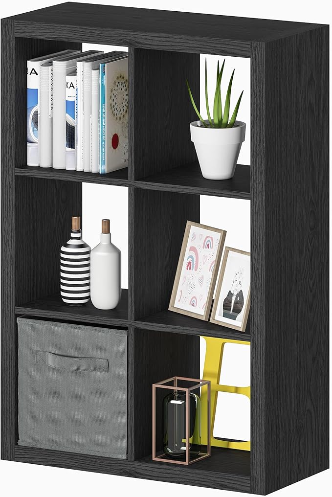 furtble Bookshelf with Storage Bin, 6-Cube Storage Organizer, Modern Wood Open Bookcase, Multifunctional Display Shelf for Living Room, Bedroom, Home Office, Black