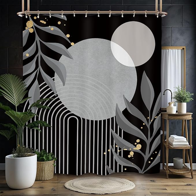 Miyotaa Abstract Black Gray Shower Curtain Set 60Wx71H Inches Modern Geometric Minimalist Aesthetic Mid Century Leaves Contemporary Neutral Waterproof Bathroom Curtain with 12 Hooks