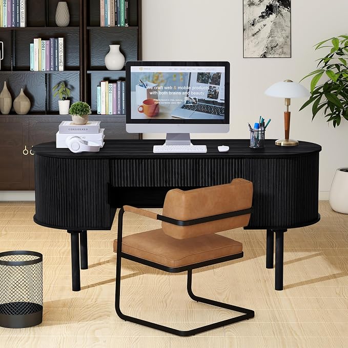 ORRD Home Office Oval Desk with Sliding Tambour Door and Drawer, Modern Fluted Wood Executive Computer Storage Desk for Study, Living Room, Bedroom, Office - Black
