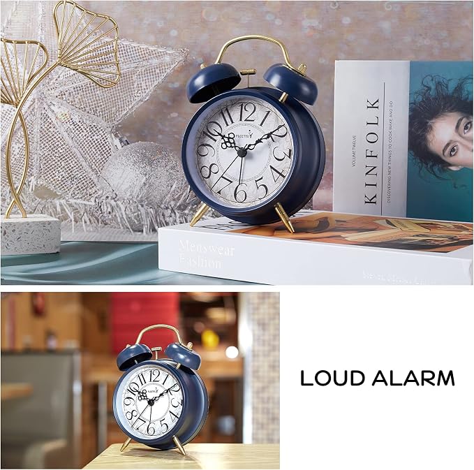FLOITTUY Loud Alarm for Deep Sleepers 4'' Retro Twin Bell Alarm Clock with Backlight for Bedroom and Home Decoration (Retro Blue)