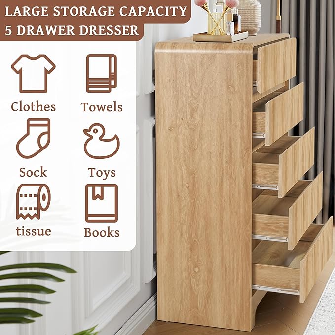 BERRYMERRY 5 Drawer Dresser for Bedroom,Flute 45" Tall Dresser with Curved Profile, Mid Century Modern Vertical Wood Drawer Organizer for Bedroom Living Room