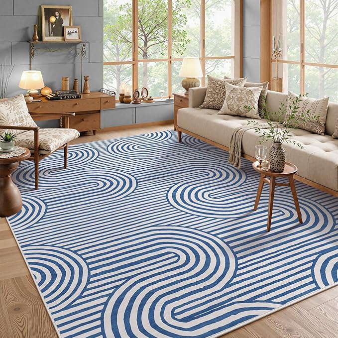 Lahome Modern Area Rugs 8x10，Blue Rugs for Living Room Machine Washable Rugs for Bedroom Geometric Abstract Accent Rug，Non Slip Soft Easy Clean Non Skid Carpet for Dining Office Dorm Alba(8'X10',Blue)
