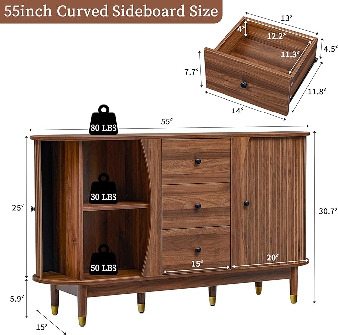 55inch Sideboard Buffet Cabinet with Drawer,Oval Curved Sideboard with Tambour Sliding Door,Walnut Buffet Storage Cabinet for Dining Room Living Room Entryway