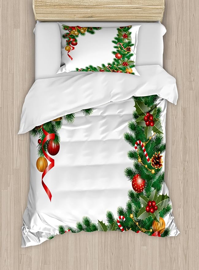 Ambesonne Christmas Duvet Cover Set, Noel Themed Illustration Fir Tree Ornaments Classical New Year Concept Print, Decorative 2 Piece Bedding Set with 1 Pillow Sham, Twin Size, Forest Green