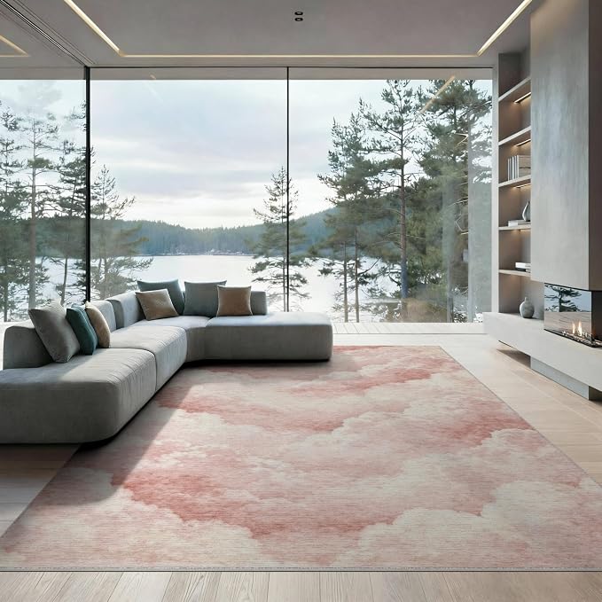 9'x12' Washable Flatwoven Rug, White Cottagecore Cloud Stain Resistant Massive Carpet Non-Slip Chair-Friendly Mat for Dining Room, Basement, Large Office | Ref:2208259