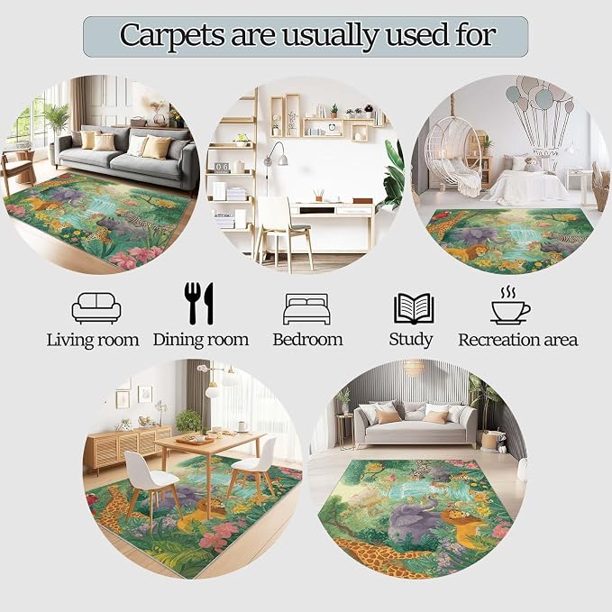 Green 5' x 8' Washable Area Rug for Living Room, Modern Tropical Rainforest Animals Giraffe Flamingo Printed Non-Slip Carpet - Low Pile Soft Indoor Rug for Bedroom Kids Playroom Parent-Child Space