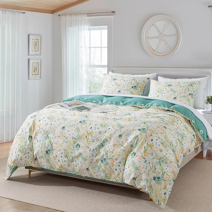 HoneiLife Duvet Cover Queen Size - Cotton Comforter Cover Floral Duvet Cover Sets 3-PC, Wildflower Duvet Cover with Zipper Closure & Corner Ties, Botanical Comforter Cover Sets, Ink-Painting