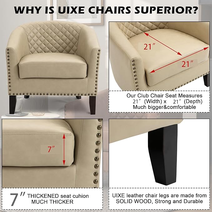 UIXE Faux Leather Barrel Accent Chairs Set of 4, Modern Club Upholstered Arm Chair, Comfy Armchair Nailed Trim Living Room Single Sofa Reading Seat Bedroom Side Sitting for Office, Beige