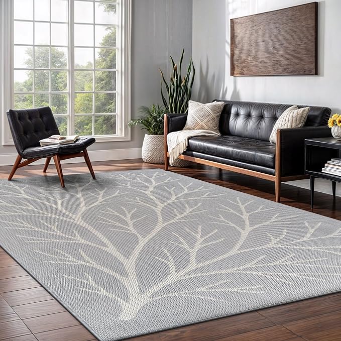 Washable Indoor Outdoor Rug 6x9 Modern Area Rugs Branch Pattern Non Shedding Waterproof Easy Clean Patio Deck Porch Living Room Bedroom Garden RV (6 X 9 Gray)