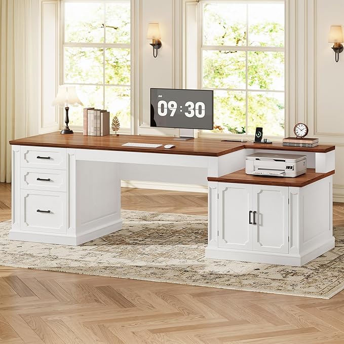 SEDETA Farmhouse 70.9" Executive Desk, Home Office Desk with File Drawers and Storage Cabinet, Computer Desk with Power Outlet for Home Office, Work Study Writing, White+Brown