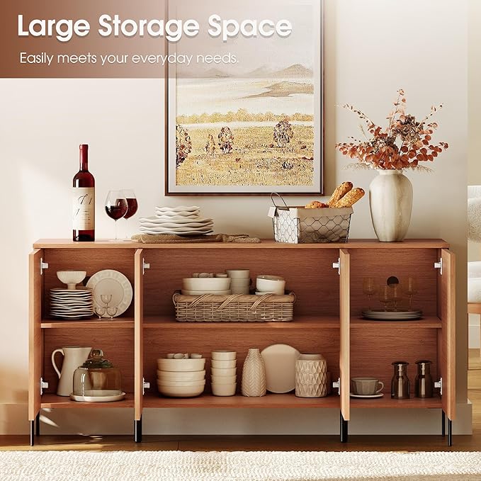 WAMPAT Fluted Buffet Cabinet with Storage, 61.6" Large Sideboard Cabinet with Storages, Modern Buffet Table Coffee Bar Wine Bar Storage Organizer with 4 Doors for Kitchen, Dining Room, Hallway, Mocha
