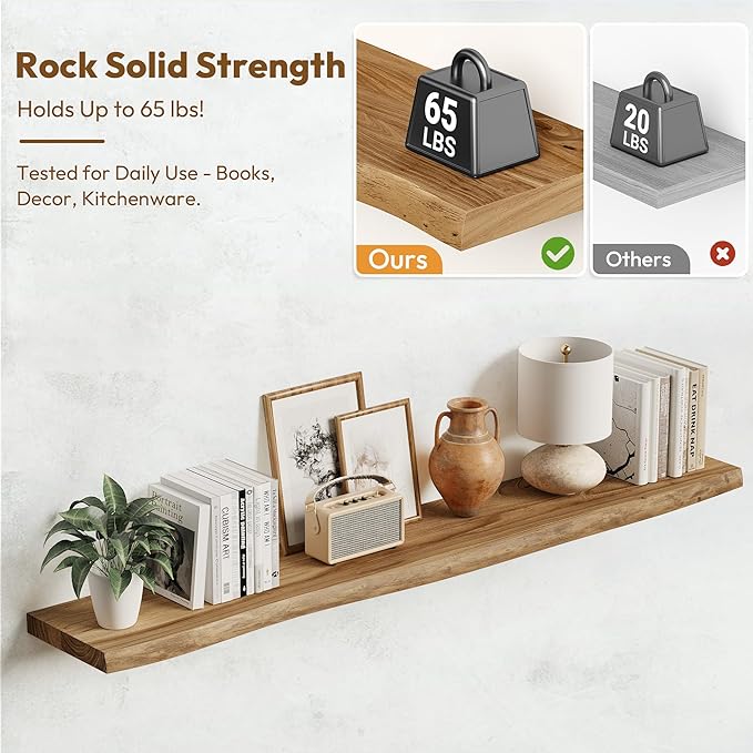 Vivelove Live Edge Floating Shelves Solid Wood, Elm Shelves for Wall with Invisible Bracket for Living Room Bedroom Bathroom Office Book, Rustic Farmhouse Wooden Shelf, 55 Inch Set of 1- Natural