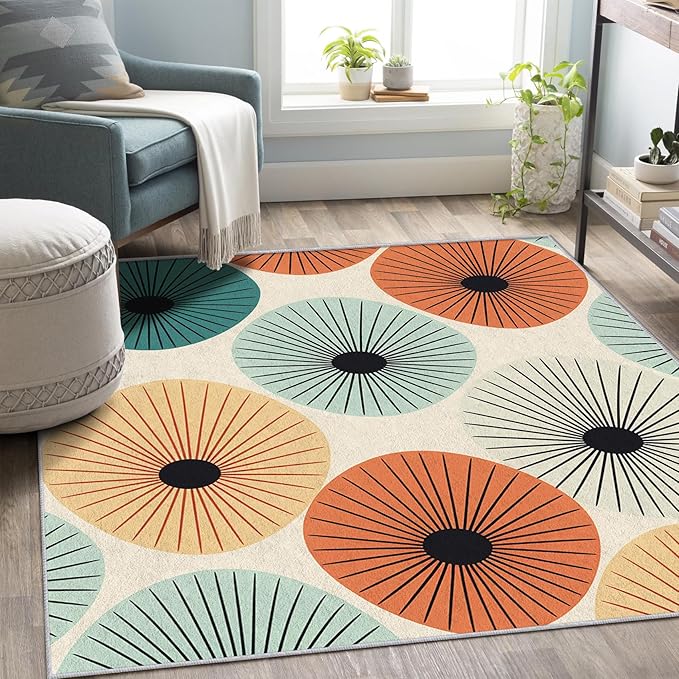 Mid Century Rugs for Living Room 5x6, Retro 50s Abstract Modern Atomic Pattern Design Area Rug, Mid Century Bedroom Decor Carpet, Non Slip, Washable (RG474)