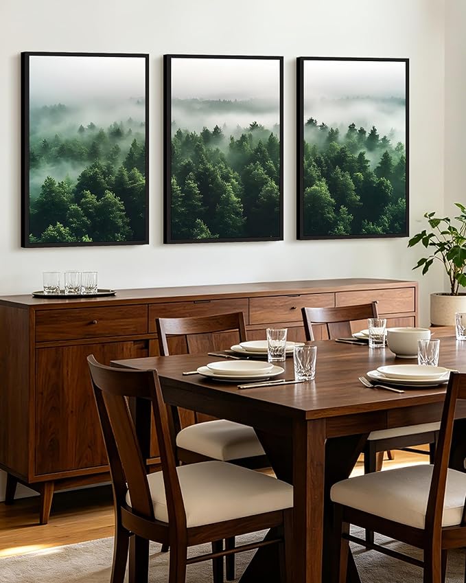 KUVIOKE Green Fog Pine Tree Framed Wall Art Nature Nordic Misty Forests Artwork Morden Painting Bedroom Decor 24x36in (Black Framed)