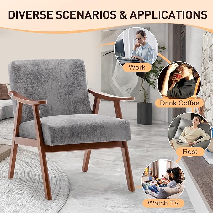 Furnimart Accent Chairs Set of 2, Mid-Century Modern Chair Reading Chairs with Extra-Thick Backrest, Wooden Armchairs for Living Room, Bedroom, Waiting Room, Grey Fabric