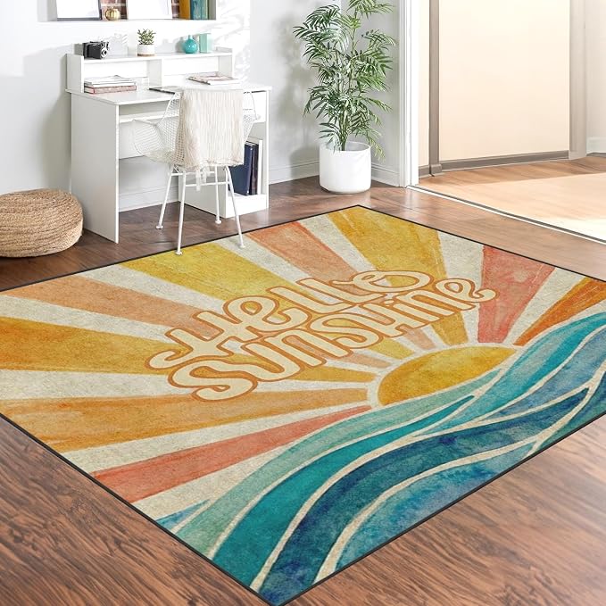 Area Rugs 5'x7' Washable Rug, Retro Sunshine Boho Stain Resistant Non Slip Backing Groovy Summer Carpet for Living Room Bedroom Dining Room